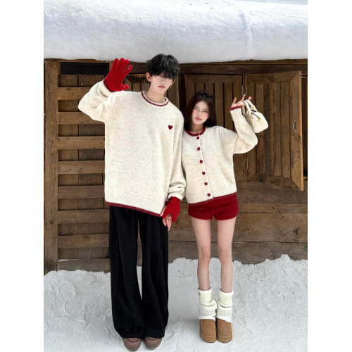 韓系愛心撞色毛衣開衫外套男女情侶裝秋冬季軟糯別致針織衫上衣潮