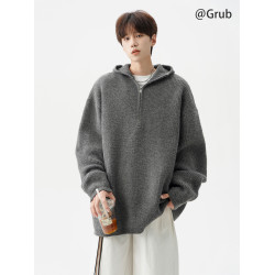 半拉鍊連帽針織衫男冬季潮牌寬松cleanfit毛衣慵懶高級感情侶外套