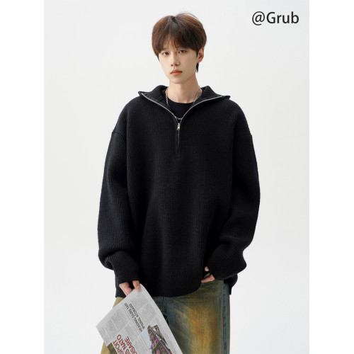 半拉鍊連帽針織衫男冬季潮牌寬松cleanfit毛衣慵懶高級感情侶外套