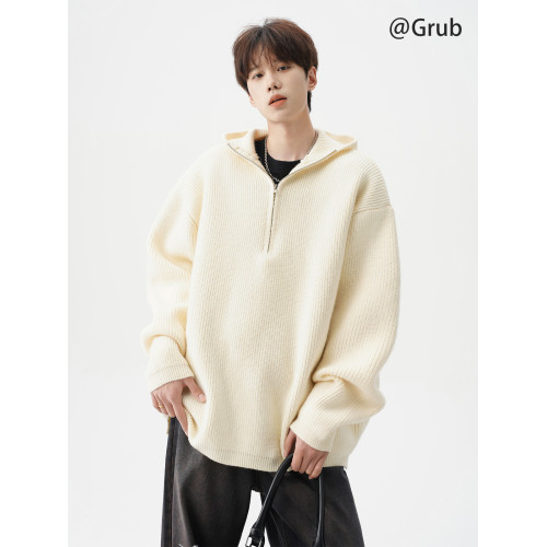 半拉鍊連帽針織衫男冬季潮牌寬松cleanfit毛衣慵懶高級感情侶外套