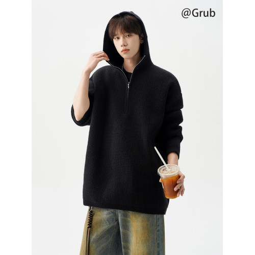 半拉鍊連帽針織衫男冬季潮牌寬松cleanfit毛衣慵懶高級感情侶外套