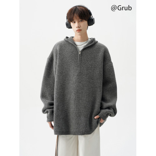 半拉鍊連帽針織衫男冬季潮牌寬松cleanfit毛衣慵懶高級感情侶外套