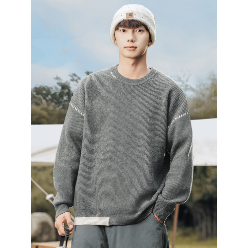 WOODSOON圓領毛衣男士秋冬季套頭寬松日系潮流長袖男款打底針織衫