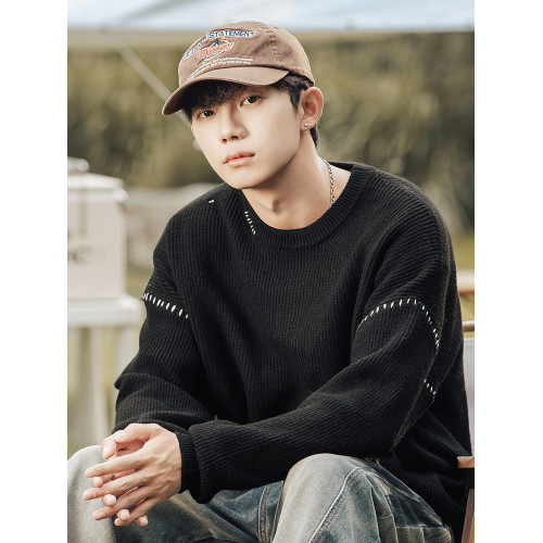 WOODSOON圓領毛衣男士秋冬季套頭寬松日系潮流長袖男款打底針織衫