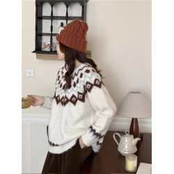 復古費爾島軟糯毛衣女秋冬寬松加厚溫柔慵懶風套頭針織衫聖誕穿搭