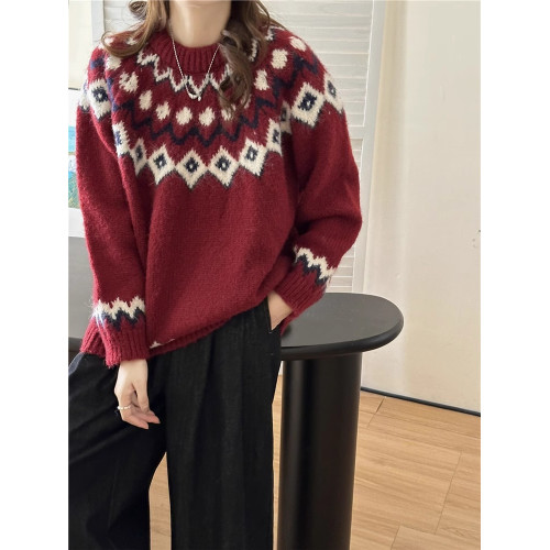 復古費爾島軟糯毛衣女秋冬寬松加厚溫柔慵懶風套頭針織衫聖誕穿搭