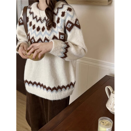 復古費爾島軟糯毛衣女秋冬寬松加厚溫柔慵懶風套頭針織衫聖誕穿搭