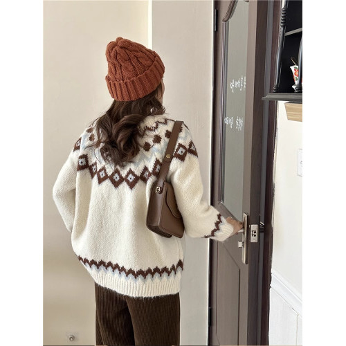 復古費爾島軟糯毛衣女秋冬寬松加厚溫柔慵懶風套頭針織衫聖誕穿搭