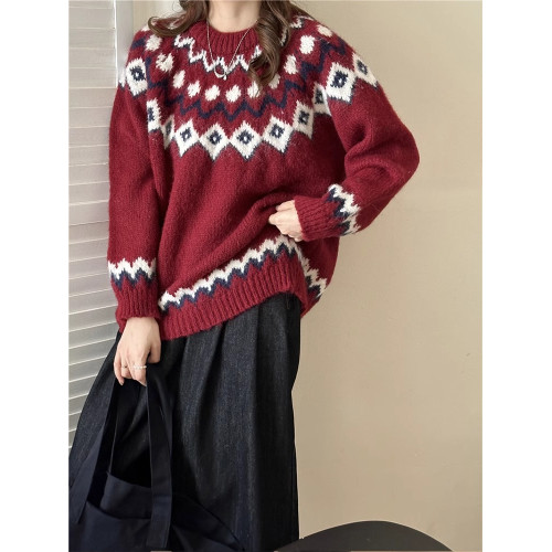 復古費爾島軟糯毛衣女秋冬寬松加厚溫柔慵懶風套頭針織衫聖誕穿搭