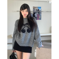 PPHOME灰色甜美櫻桃提花加厚毛衣女秋冬小個子軟糯寬松針織衫上衣
