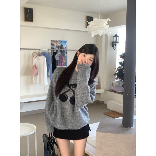 PPHOME灰色甜美櫻桃提花加厚毛衣女秋冬小個子軟糯寬松針織衫上衣