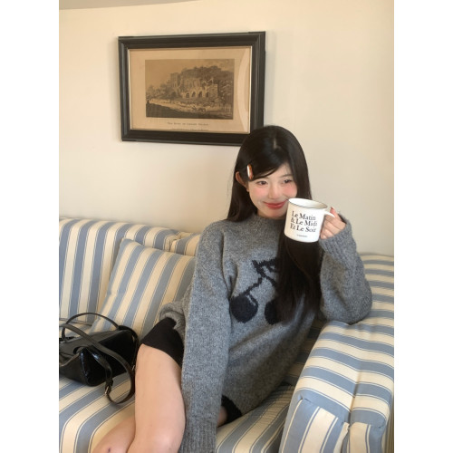 PPHOME灰色甜美櫻桃提花加厚毛衣女秋冬小個子軟糯寬松針織衫上衣