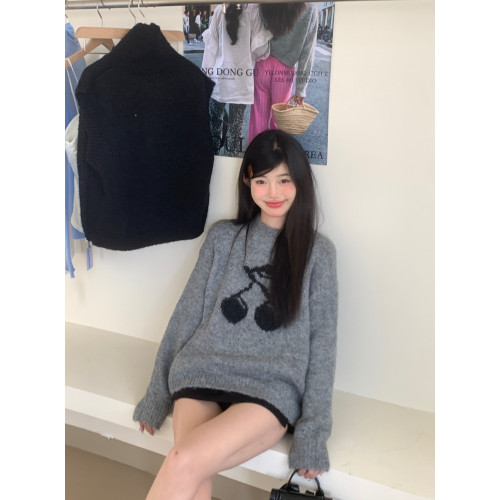 PPHOME灰色甜美櫻桃提花加厚毛衣女秋冬小個子軟糯寬松針織衫上衣