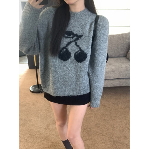 PPHOME灰色甜美櫻桃提花加厚毛衣女秋冬小個子軟糯寬松針織衫上衣