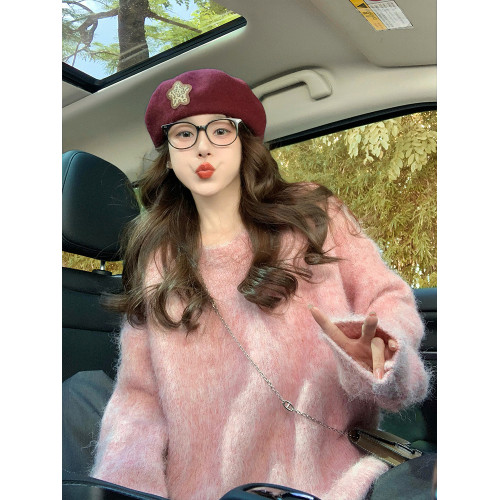 粉色馬海毛毛衣女秋冬季2025新款溫柔風韓系慵懶寬松中長款針織衫