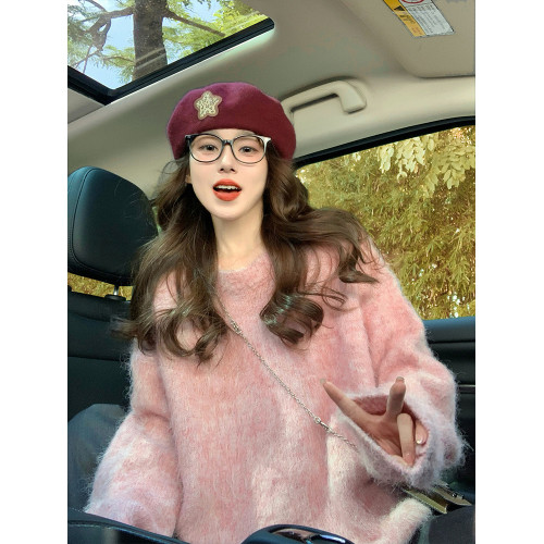 粉色馬海毛毛衣女秋冬季2025新款溫柔風韓系慵懶寬松中長款針織衫