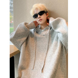 灰色連帽毛衣男秋冬季新款痞帥慵懶風寬松加厚套頭情侶針織衫外套