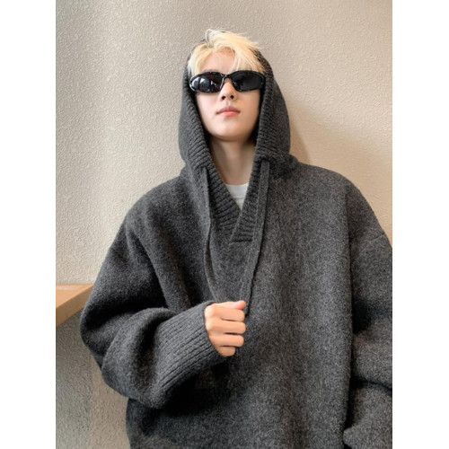 灰色連帽毛衣男秋冬季新款痞帥慵懶風寬松加厚套頭情侶針織衫外套 灰色連帽毛衣男秋冬季新款痞帥慵懶風寬松加厚套頭情侶針織衫外套