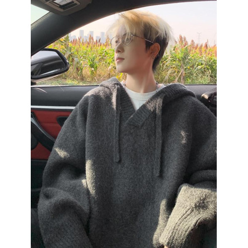 灰色連帽毛衣男秋冬季新款痞帥慵懶風寬松加厚套頭情侶針織衫外套 灰色連帽毛衣男秋冬季新款痞帥慵懶風寬松加厚套頭情侶針織衫外套