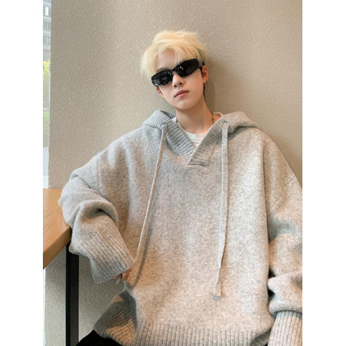 灰色連帽毛衣男秋冬季新款痞帥慵懶風寬松加厚套頭情侶針織衫外套 灰色連帽毛衣男秋冬季新款痞帥慵懶風寬松加厚套頭情侶針織衫外套