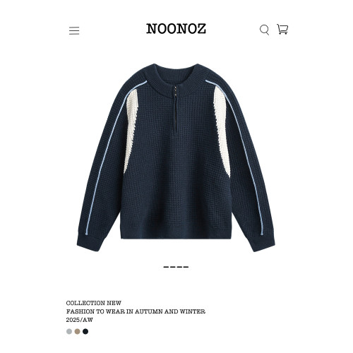 NOONOZ華夫格拼色半拉鍊毛衣男秋冬潮牌氛圍感保暖中性風針織上衣