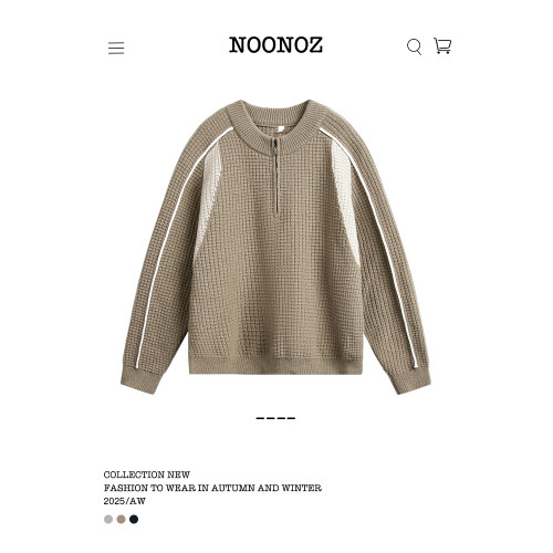 NOONOZ華夫格拼色半拉鍊毛衣男秋冬潮牌氛圍感保暖中性風針織上衣