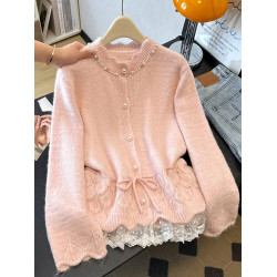 法式釘珠巨好看針織開衫毛衣女秋冬大碼胖mm系帶收腰蕾絲拼接上衣