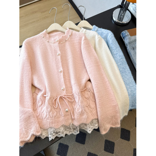 法式釘珠巨好看針織開衫毛衣女秋冬大碼胖mm系帶收腰蕾絲拼接上衣