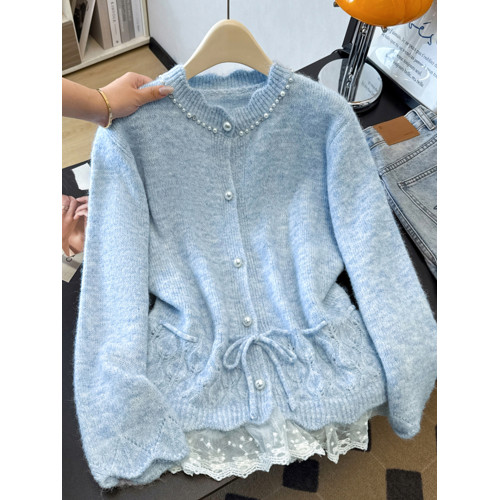 法式釘珠巨好看針織開衫毛衣女秋冬大碼胖mm系帶收腰蕾絲拼接上衣