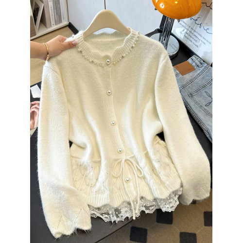 法式釘珠巨好看針織開衫毛衣女秋冬大碼胖mm系帶收腰蕾絲拼接上衣