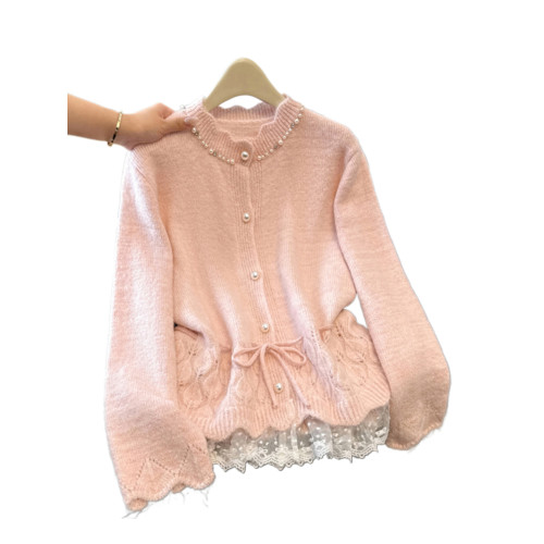 法式釘珠巨好看針織開衫毛衣女秋冬大碼胖mm系帶收腰蕾絲拼接上衣