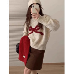 韓系甜美減齡蝴蝶結圓領長袖毛衣女秋冬日系軟糯外穿針織衫上衣