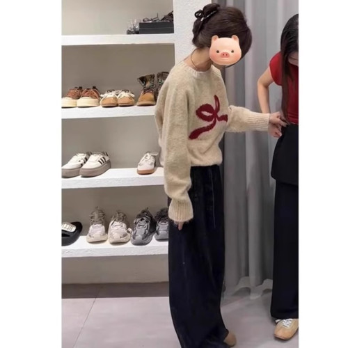 韓系甜美減齡蝴蝶結圓領長袖毛衣女秋冬日系軟糯外穿針織衫上衣