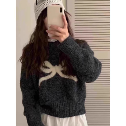 韓系甜美減齡蝴蝶結圓領長袖毛衣女秋冬日系軟糯外穿針織衫上衣