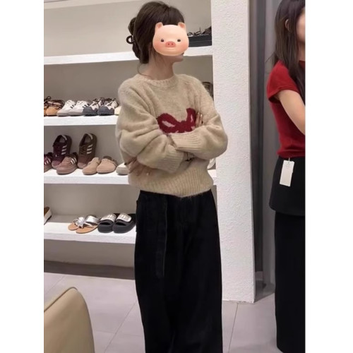 韓系甜美減齡蝴蝶結圓領長袖毛衣女秋冬日系軟糯外穿針織衫上衣