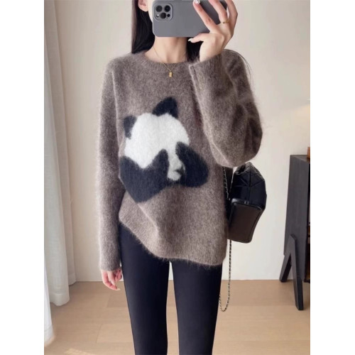 〖egg雞蛋〗羊駝毛絨絨熊貓提花慵懶風 軟糯拉毛套頭針織毛衣女