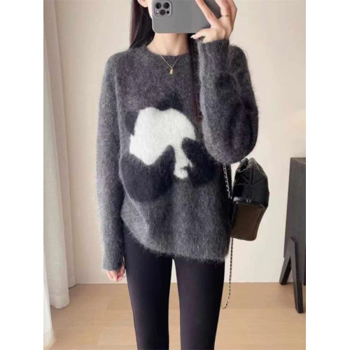 〖egg雞蛋〗羊駝毛絨絨熊貓提花慵懶風 軟糯拉毛套頭針織毛衣女