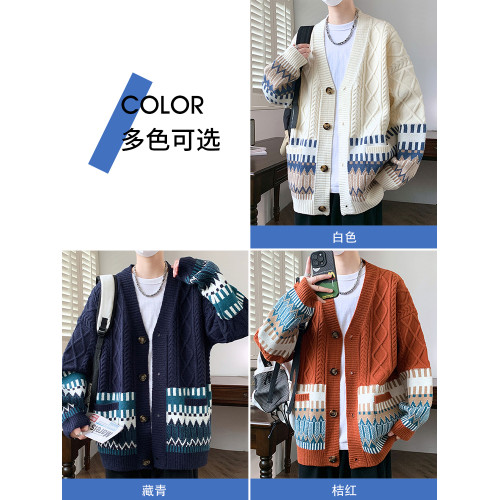 V領開衫毛衣外套男秋冬季美式寬松民族提花毛線衣情侶男士針織衫