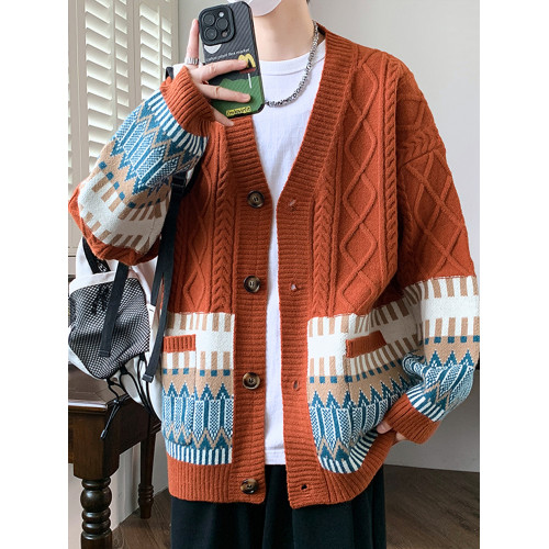 V領開衫毛衣外套男秋冬季美式寬松民族提花毛線衣情侶男士針織衫