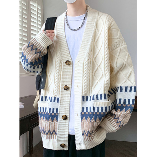 V領開衫毛衣外套男秋冬季美式寬松民族提花毛線衣情侶男士針織衫