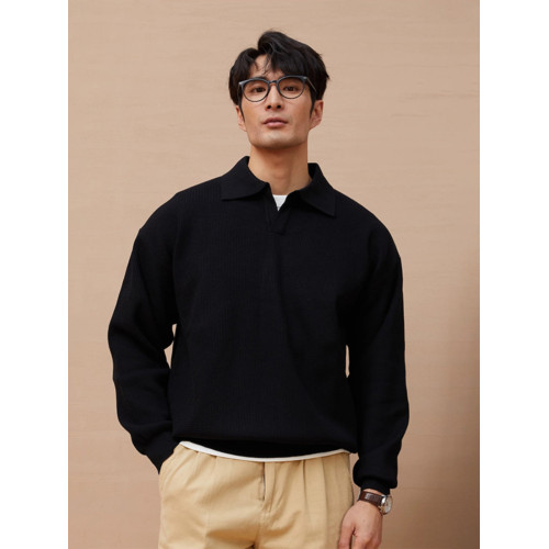 秋冬季男士V領針織POLO衫復古翻領毛衣美式寬松潮流青年線衣外套