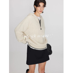 半拉鍊連帽毛衣女秋冬老錢風穿搭慵懶寬松套頭針織衫內搭帽衫上衣