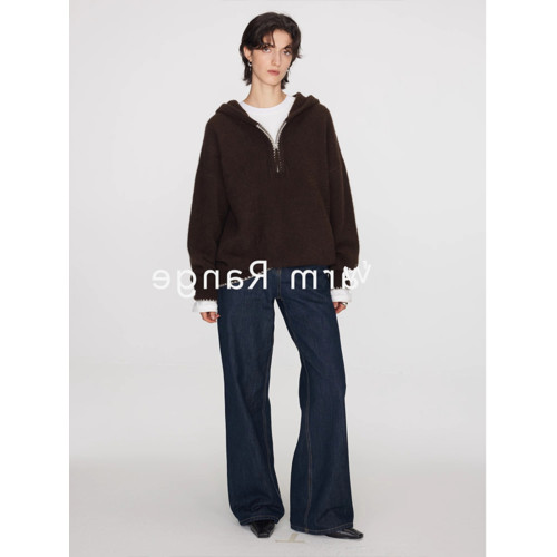 半拉鍊連帽毛衣女秋冬老錢風穿搭慵懶寬松套頭針織衫內搭帽衫上衣