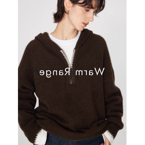 半拉鍊連帽毛衣女秋冬老錢風穿搭慵懶寬松套頭針織衫內搭帽衫上衣