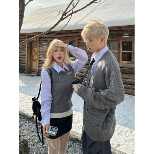 JK學院風假兩件毛衣男女情侶裝秋冬季韓系翻領顯瘦一長一短針織衫