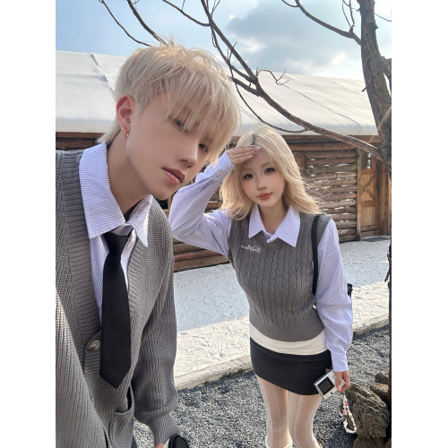 JK學院風假兩件毛衣男女情侶裝秋冬季韓系翻領顯瘦一長一短針織衫