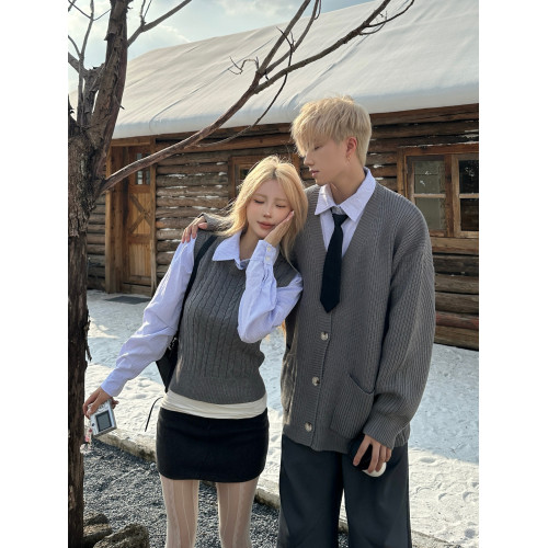 JK學院風假兩件毛衣男女情侶裝秋冬季韓系翻領顯瘦一長一短針織衫