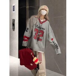 韓系慵懶chic復古字母毛衣女秋冬季寬松設計感小衆撞色長袖上衣潮