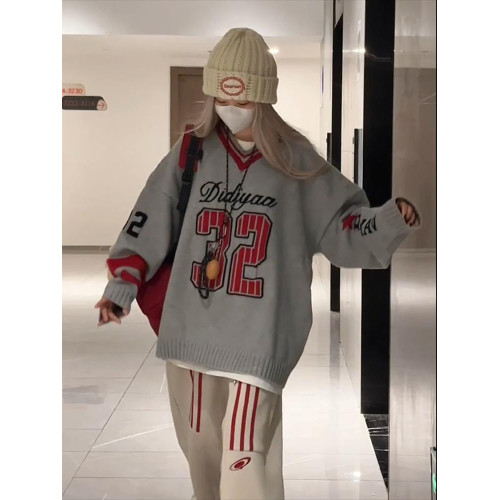 韓系慵懶chic復古字母毛衣女秋冬季寬松設計感小衆撞色長袖上衣潮
