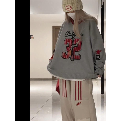 韓系慵懶chic復古字母毛衣女秋冬季寬松設計感小衆撞色長袖上衣潮